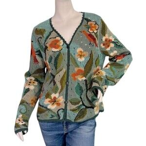 Peruvian Connection Blue Pima Cotton Cardigan Sweater Birds & Floral Size Large
